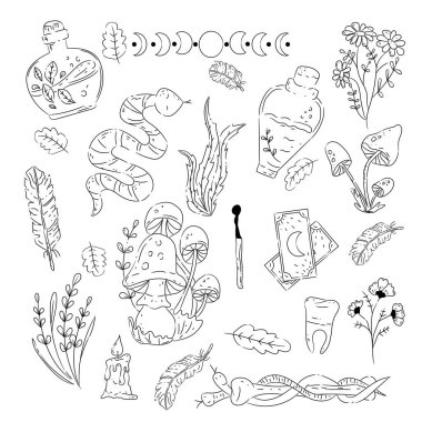 Mistisizm ve astroloji objeleri koleksiyonu. Mistik işaretler, siluetler, burç işaretleri..