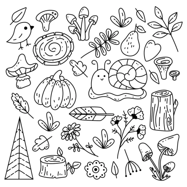 Conjunto de elementos de diseño Autumn Forest en estilo garabato dibujado a mano. Colección de animales y objetos naturales en estilo vintage. — Vector de stock