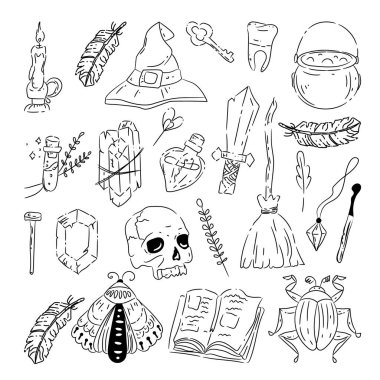 Mistisizm ve astroloji objeleri koleksiyonu. Mistik işaretler, siluetler, burç işaretleri..