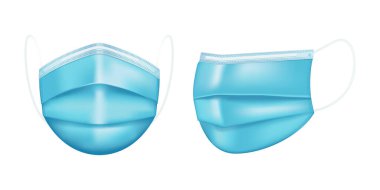 Gerçekçi tıbbi yüz maskesi. Üç boyutlu tıbbi maske. Farklı açılardan. Mavi renk. Vektör illüstrasyonu.