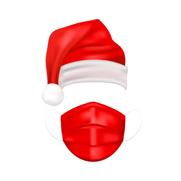 Chapeau de Père Noël rouge et masque médical pour les vacances de Noël. Gradient mesh détails masque médical 3d et chapeau du Père Noël. Illustration vectorielle. — Image vectorielle