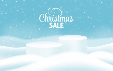 Yılbaşı Kış Ürünleri podyumunun arka planında sürüklenme, kar taneleri ve kar var. Noel kışı için gerçekçi ürün podyumu ve Noel indirimi tasarımı, indirim. Vektör illüstrasyonu EPS10
