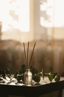 Romantik aromaterapi çubukları ve etkinlikler için güzel karanlık gece ışığında dekoratif ağaç dalları. Tasarım elemanı. Mumlar, romantizm, aşk, spa, rahatlama