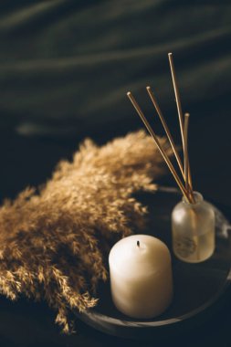 Romantik mum aromaterapi çubukları ve dekoratif ağaç dalı etkinlikler için güzel karanlık gece ışığı. Tasarım elemanı. Mumlar, romantizm, aşk, spa, rahatlama