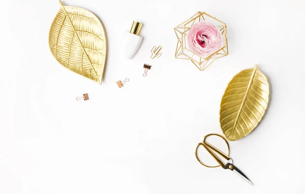 Düz kompozisyon, kuru çiçekler ve beyaz arka planda yapraklar. en üstteki görünüm.