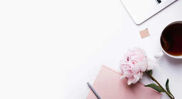 bembeyaz arka planda kahve fincanı ve çiçekli düz kompozisyon