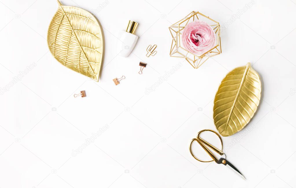 flat lay composition with dry flowers and leaves on white background. top view.