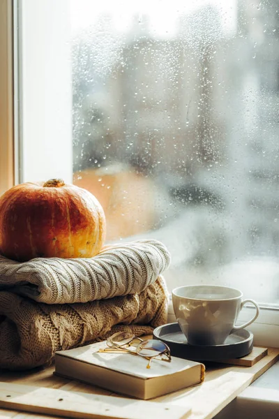 Natura Morta Autunnale Con Zucca Tazza Caffè Candela — Foto Stock