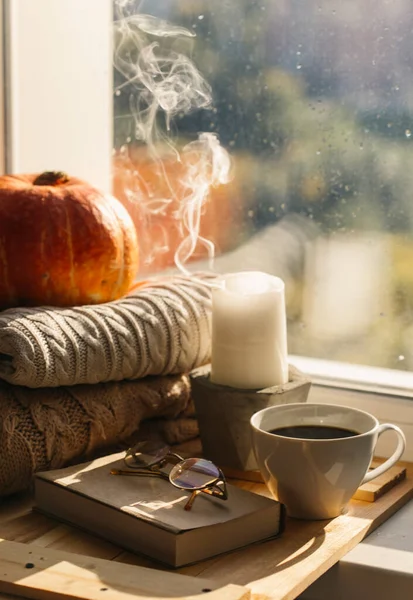 Nature Morte Automne Avec Citrouille Tasse Café Bougie — Photo