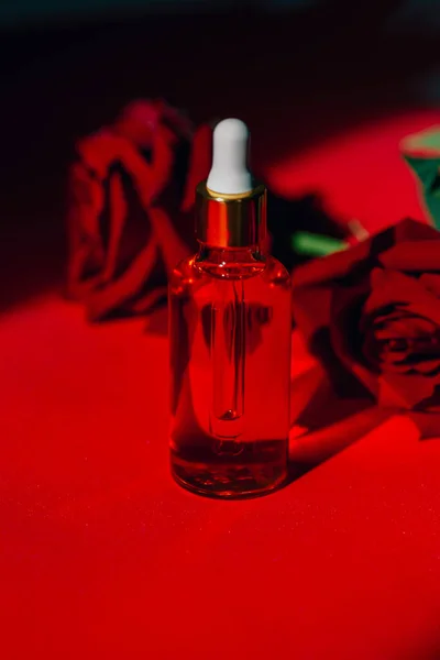 Rose Rosse Bottiglia Profumo Concetto Trattamento Bellezza — Foto Stock