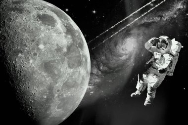 Gezegen ve galaksinin yıldızları astronotlarla dolu boş bir alanda. İllülasyon geçmişi. Bu görüntünün elementleri NASA tarafından desteklenmektedir