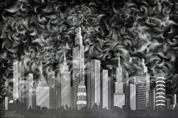 Černobílá Grafická Ilustrace Krajiny Města Městských Metropolí Budov Mlze Noci — Stock fotografie