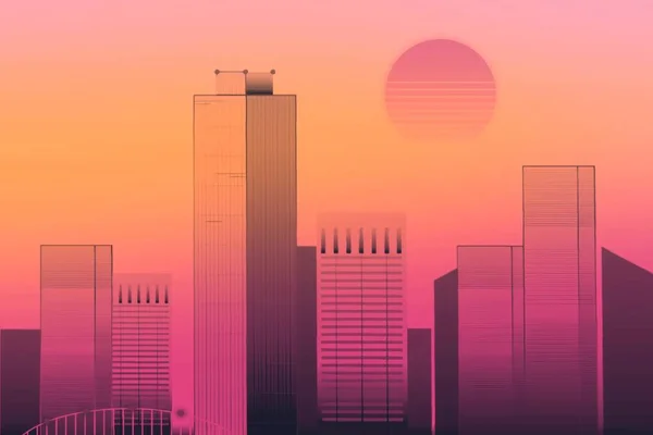 Stadtsilhouette Urbane Architektur Wolkenkratzer Und Rosa Sonnenuntergang — Stockfoto