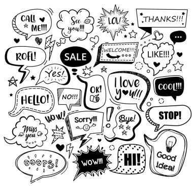 Set of black speech bubbles with different words in doodle style for communication in social media. Isolated vector illustration clipart