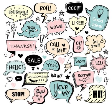 Set of color speech bubbles with different words in doodle style for communication in social media. Isolated vector illustration. clipart