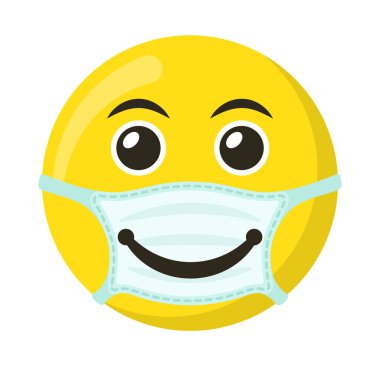 Tıbbi maskede sarı ifade ve emoji gülümsemesi, düz vektör çizimi