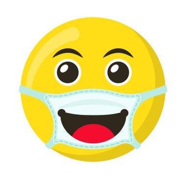 Tıbbi maskede sarı ifade ve emoji gülümsemesi, düz vektör çizimi