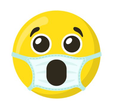 Tıbbi maskede sarı ifade ve emoji gülümsemesi, düz vektör çizimi
