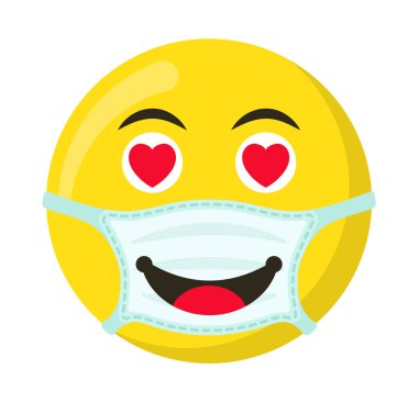 Tıbbi maskede sarı ifade ve emoji gülümsemesi, düz vektör çizimi