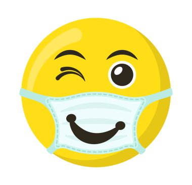 Tıbbi maskede sarı ifade ve emoji gülümsemesi, düz vektör çizimi
