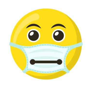 Tıbbi maskede sarı ifade ve emoji gülümsemesi, düz vektör çizimi