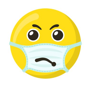 Tıbbi maskede sarı ifade ve emoji gülümsemesi, düz vektör çizimi