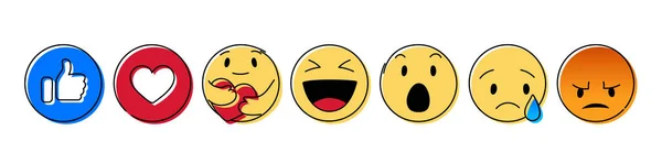 Set Dari Emoticon Kuning Dan Emoji Senyum Gambar Tangan Seni - Stok Vektor