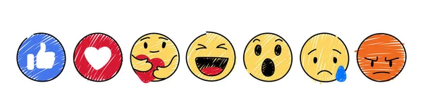 Set Dari Emoticon Kuning Dan Emoji Smileys Gambar Tangan Desain - Stok Vektor