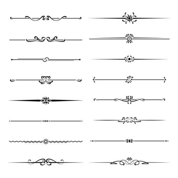 Set of ornamental filigree flourishes and thin dividers on white background. Classical vintage elements, vector illustration