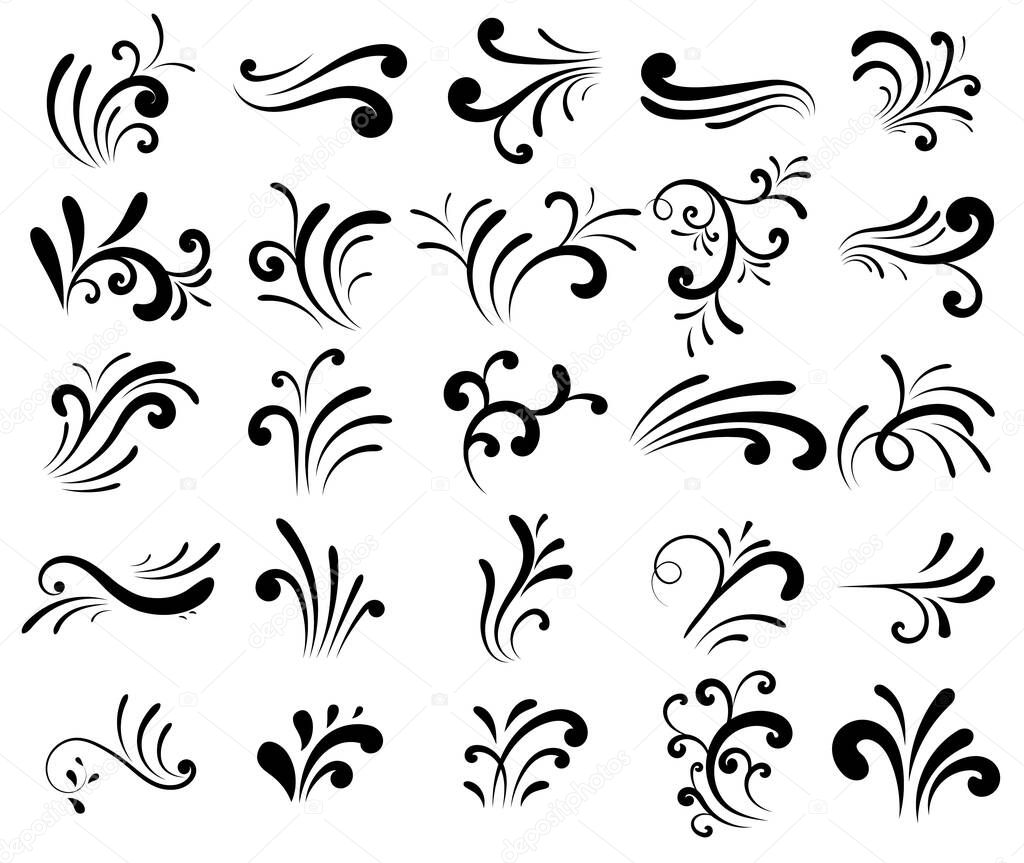 Set of ornamental filigree flourishes and thin dividers on white background. Classical vintage elements, vector illustration