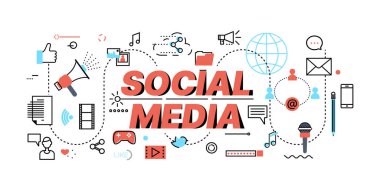 Sosyal medya ve ağ kavramı, düz çizgi tasarımı, vektör illüstrasyonu, grafik ve web tasarımı için