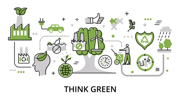 Yeşil Düşünme Dünyayı Kurtarma Kavramı Modern Düz Çizgi Tasarım Vektör — Stok Vektör