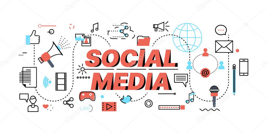 Concept of Social Media and Networking, flat line design, vector illustration, for graphic and web design