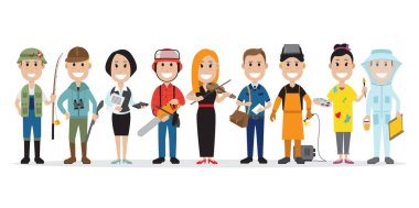 Balıkçı, avcı, muhasebeci ve diğerleri gibi farklı mesleklerle ilişkili bir grup insan, düz vektör çizimi