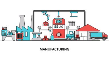 Manufacturing concept, flat line design vector illustration, for graphic and web design