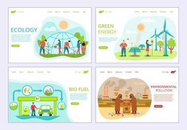 Ekoloji Sorunları Web Sitesi Şablonları, grafik ve web tasarımı için, düz tasarım vektör çizimi 
