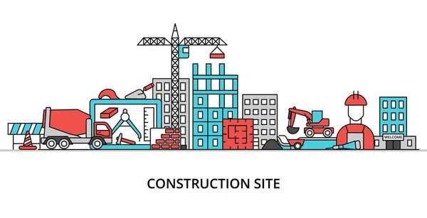 Construction Site Concept Flat Line Design Vector Illustration Graphic Web — Vetor de Stock