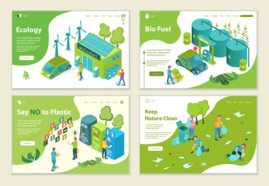Ekoloji ve Alternatif Enerji kavramları kümesi, web sitesi şablonu, 3B izometrik biçim çizimi yakın plan