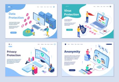 Ağ ve Veri Koruma kavramları kümesi, 3B izometrik tasarım vektör çizimi yakın plan