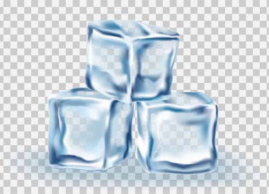 Şeffaflık arkaplanı üzerine Ice Cubes Bloğu konsepti, gerçekçi vektör illüstrasyonu yakın plan