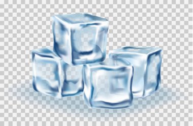 Şeffaflık arkaplanı üzerine Ice Cubes Bloğu konsepti, gerçekçi vektör illüstrasyonu yakın plan