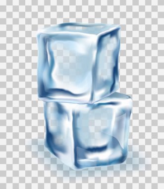 Şeffaflık arkaplanı üzerine Ice Cubes Bloğu konsepti, gerçekçi vektör illüstrasyonu yakın plan