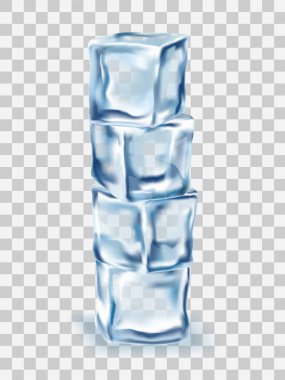 Şeffaflık arkaplanı üzerine Ice Cubes Bloğu konsepti, gerçekçi vektör illüstrasyonu yakın plan
