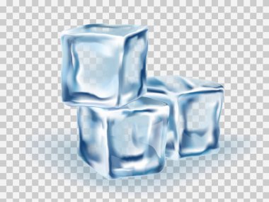 Şeffaflık arkaplanı üzerine Ice Cubes Bloğu konsepti, gerçekçi vektör illüstrasyonu yakın plan