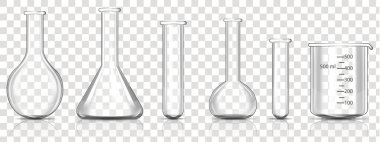 Şeffaf Cam Laboratuar Ekipmanı seti, gerçekçi vektör illüstrasyonu
