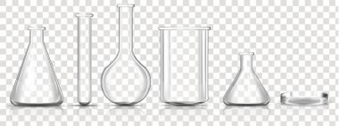 Set of Transparent Laboratory Glassware Equipment, realistic vector illustration close-up