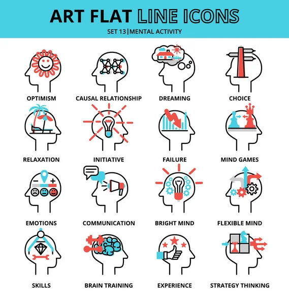 Grafik ve web tasarımı için Zihinsel Etkinlik simgeleri kümesi, düz düzenlenebilir çizgi vektör çizimi
