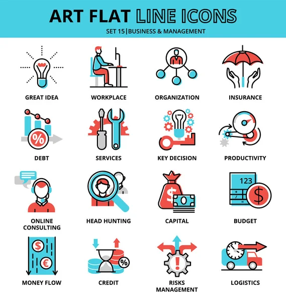 Grafik ve web tasarımı için İş ve Yönetim simgeleri, düz çizgi tasarım vektör çizimi çizimi