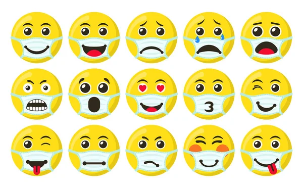 Set Yellow Smiles Icons Medical Mask Flat Vector Illustration Graphic - Stok Vektor