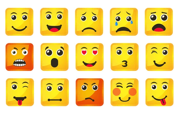 Set Yellow Square Smiles Icons Vector Illustration Flat Style Close — Stockový vektor